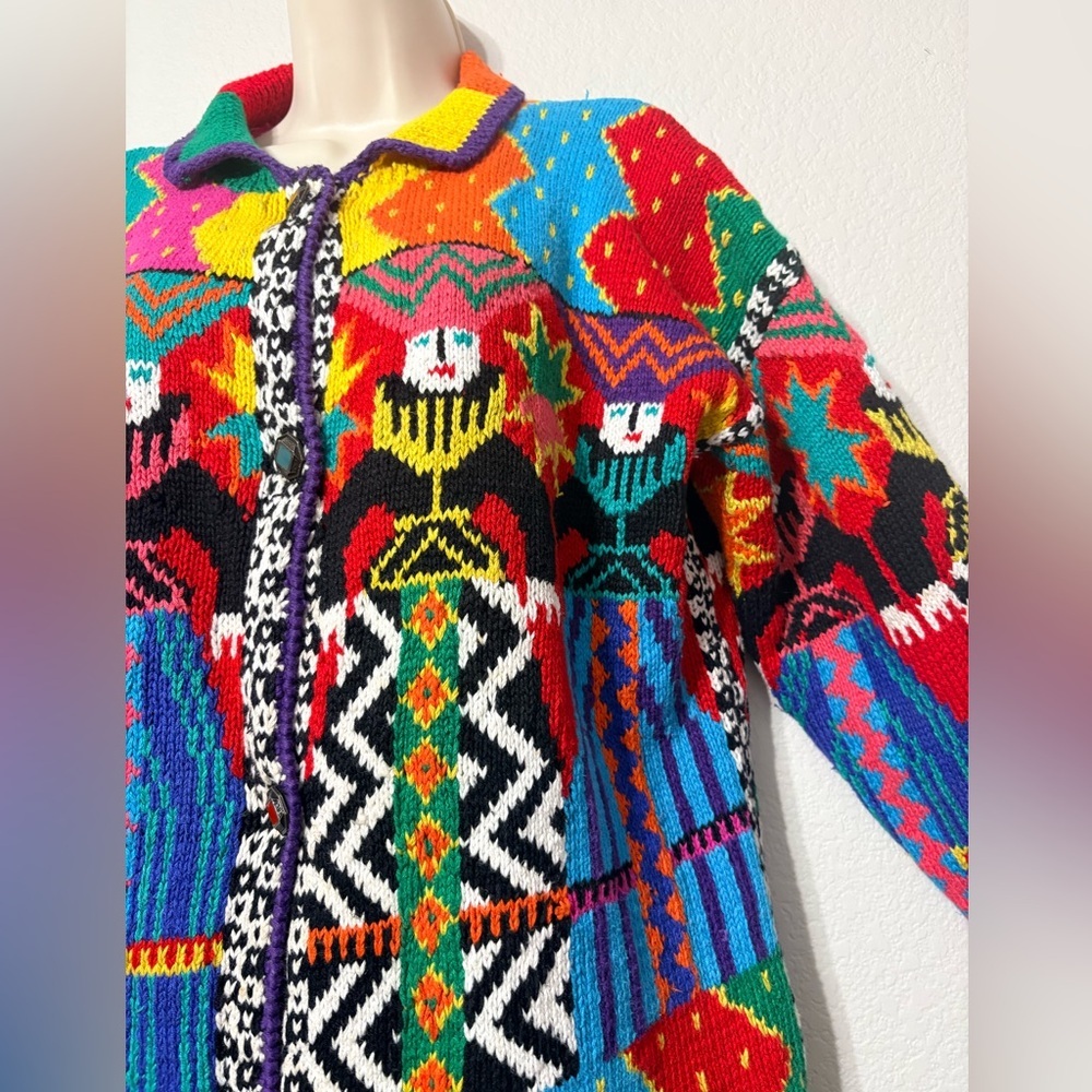 Colorful Vintage Southwestern Aztec Knit Cardigan with Metal Buttons.Heavyweight - Picture 3 of 14